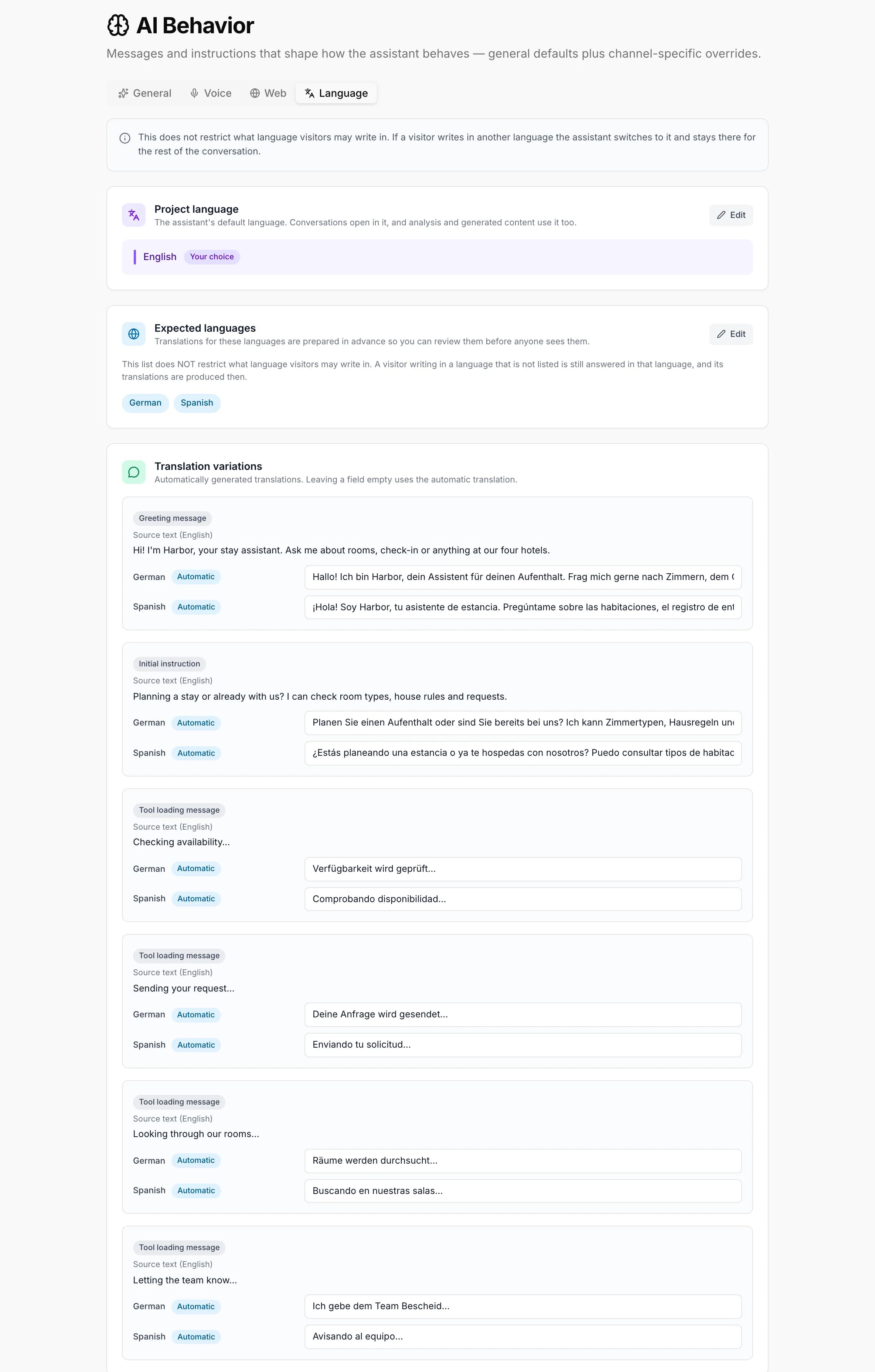 AI Behavior, Language tab: project language and expected languages