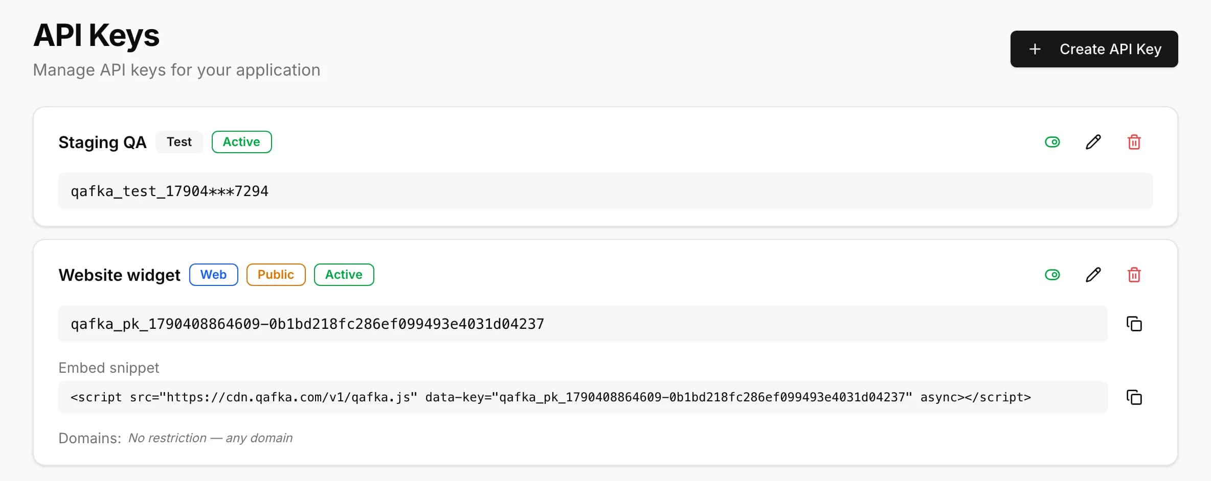 API Keys page with the Web key and its embed snippet