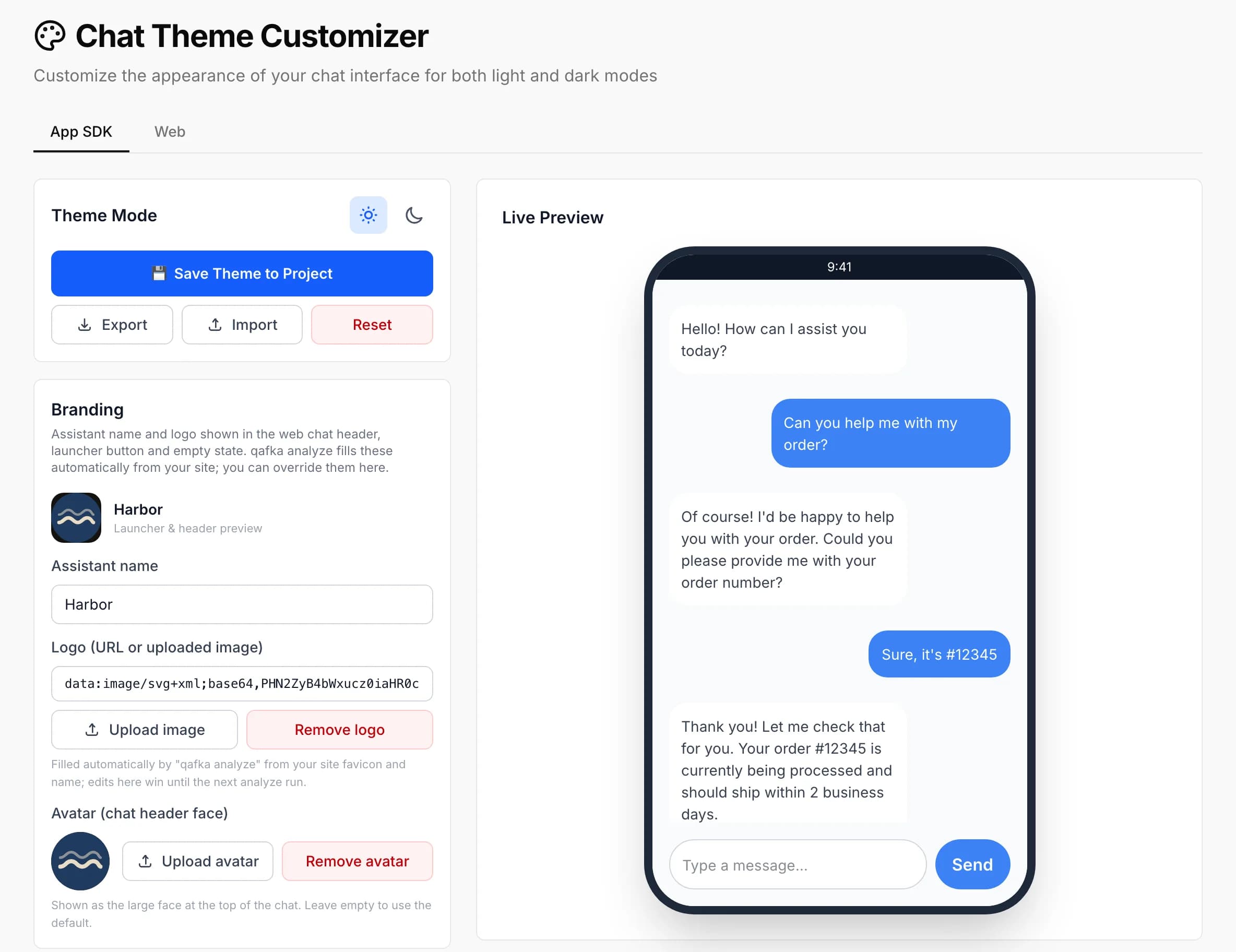 Chat Theme Customizer, App SDK tab: branding and live preview