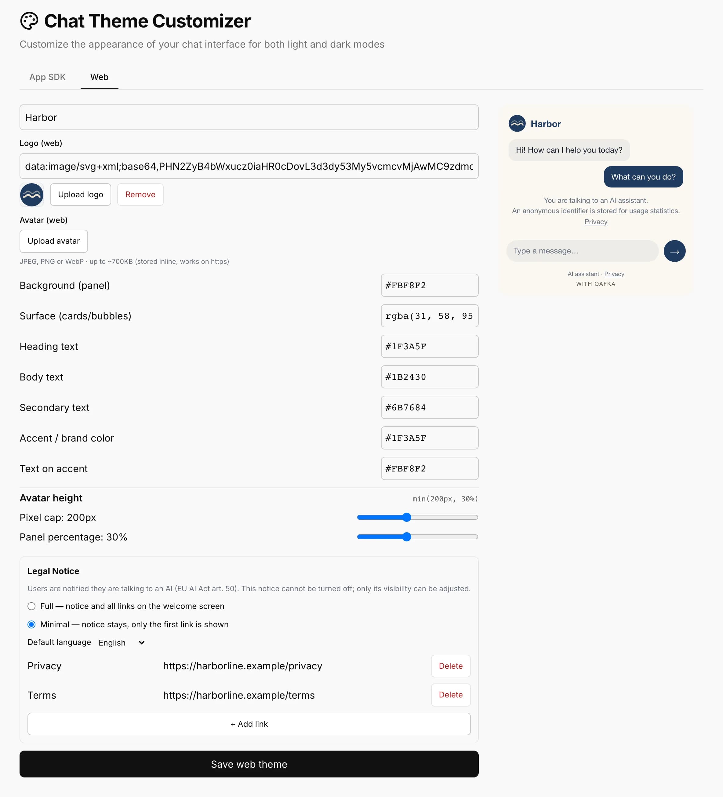 Chat Theme Customizer, Web tab: assistant name, logo, color tokens, avatar height, legal notice and live preview