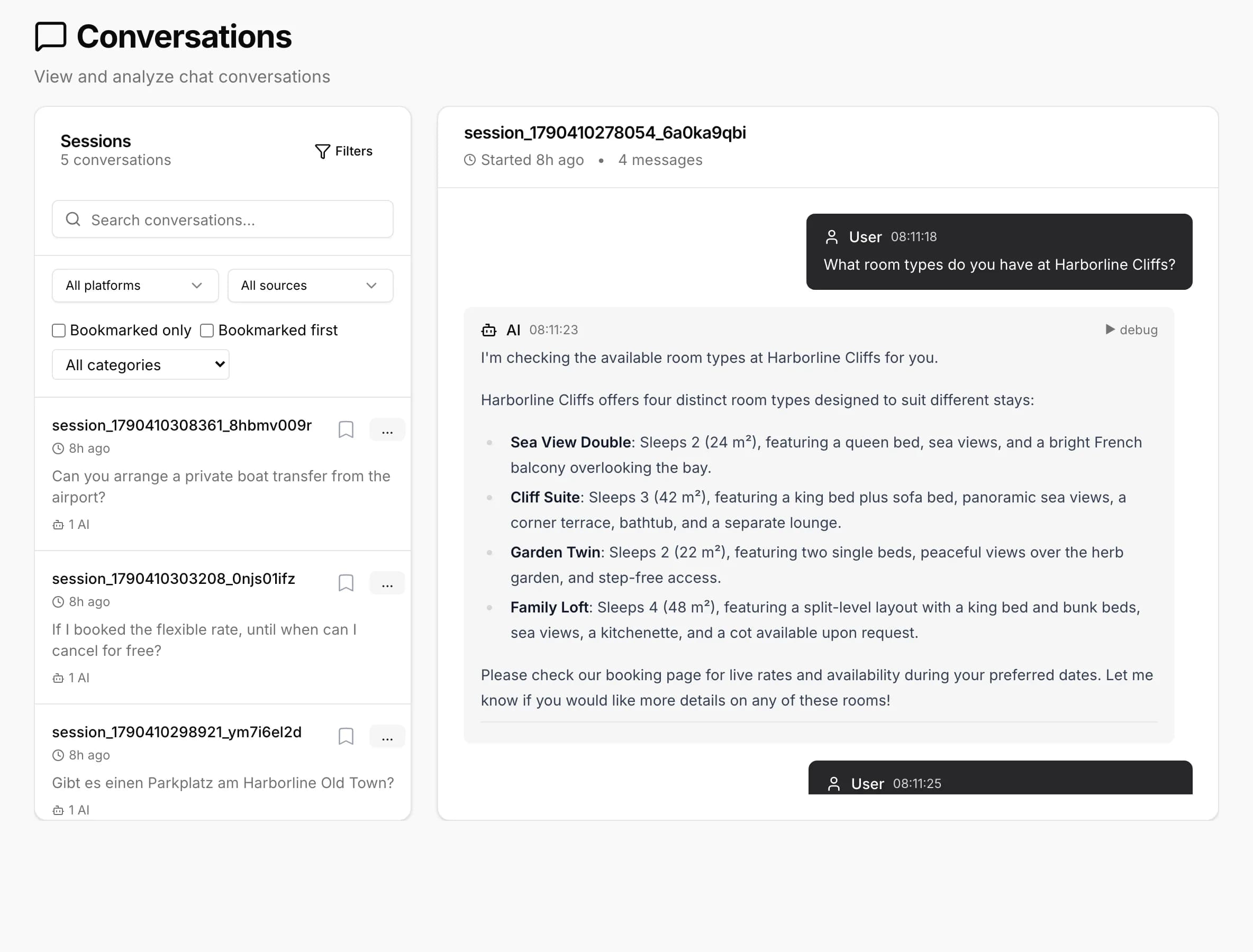 Conversations: session list on the left, the selected conversation on the right