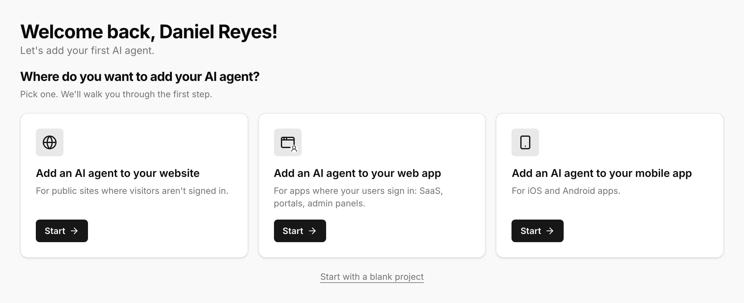 Dashboard home with the three entry points: website, web app and mobile app