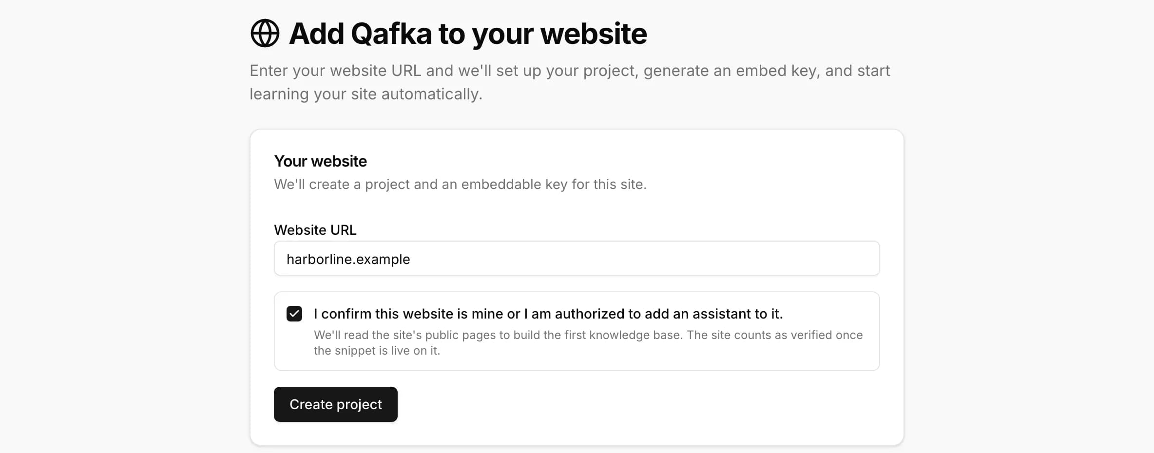 Add Qafka to your website: URL field and ownership confirmation