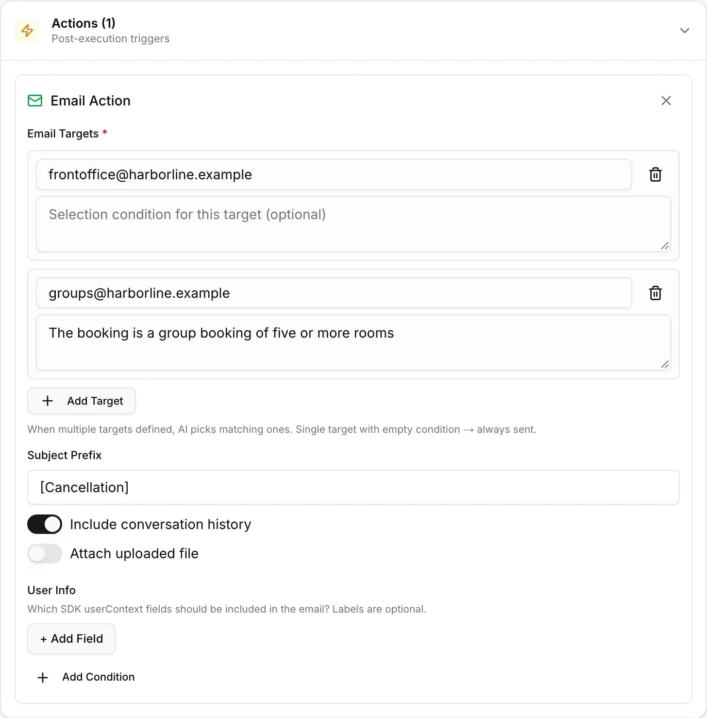 Tool editor, Actions card: an email action with two targets, one of them conditional
