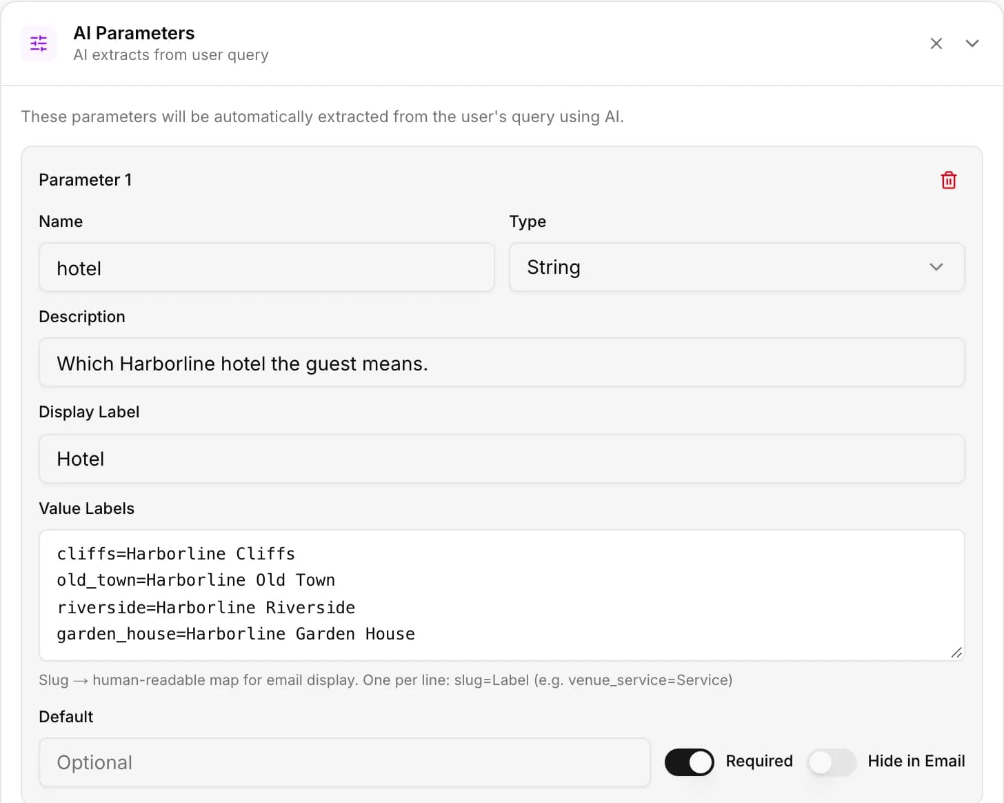 Tool editor, AI Parameters card: name, type, description, label, value labels and required