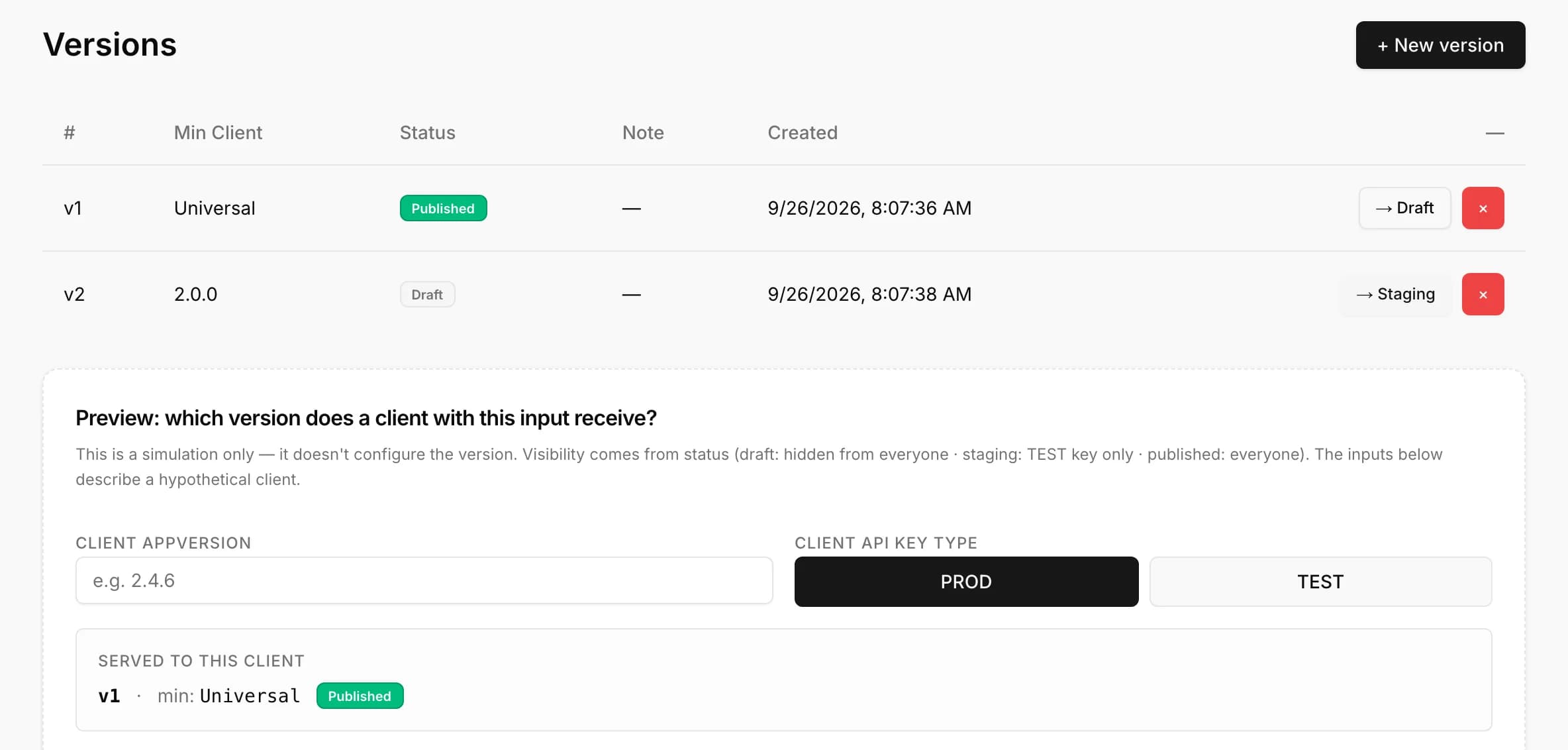 Versions page: a published universal v1, a draft v2 for app 2.0.0, and the version simulator