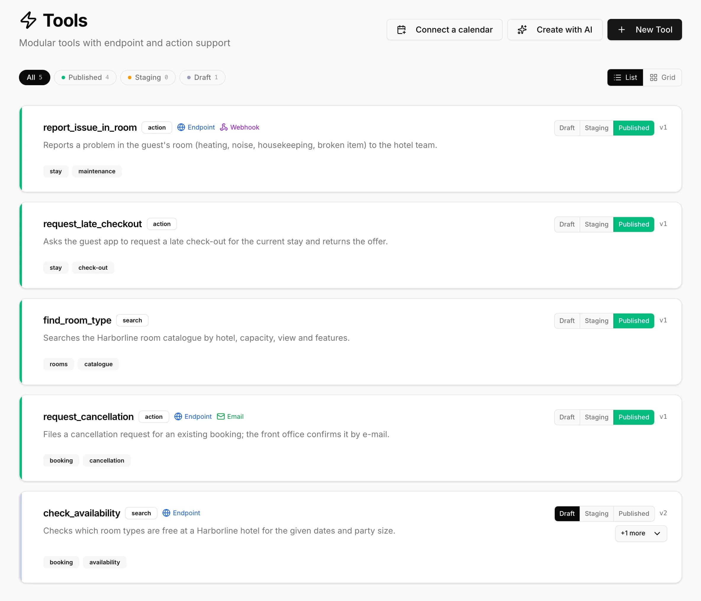Tools list with status and version per tool